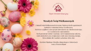 Kartka świąteczna przedstawiająca kwiaty i pisanki